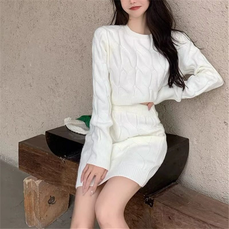 Ensemble de vêtements Tricoté 2 Pièces pour Femmes, Couleur Unie, Col Rond, Manches Longues, Pull Court, Mini Jupe sexy, class, décontracté, tendance