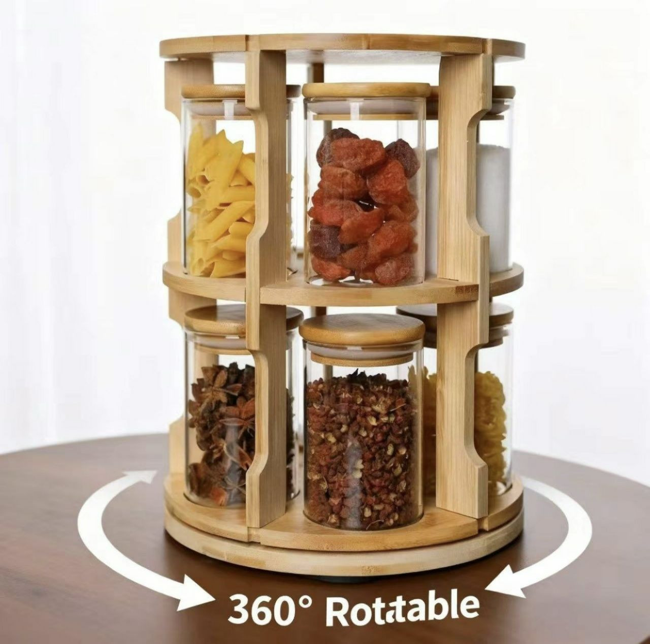 Étagère à épices en bois, étagère de rangement de cuisine, plateau rotatif à 2 couches, armoire de stockage d'épices à haute teneur en borosilicate