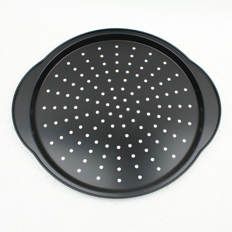 Nouveau Plateaux à Pizza  en acier au carbone, plateaux de cuisson antiadhésifs avec trous et poignées pour la cuisine domestique, four à micro-ondes de boulangerie binaural à pizza avec plateau de bo