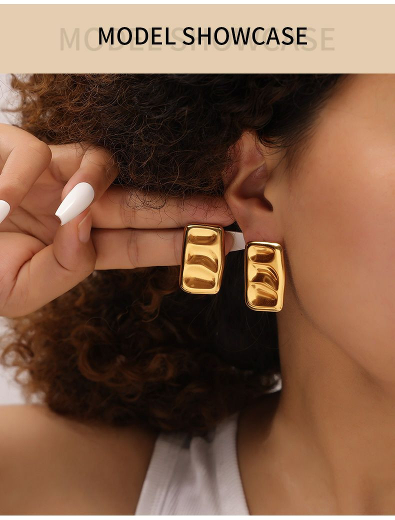 Boucles d'oreilles en acier inoxydable pour femmes, Puces d'oreilles martelées rectangles froissés, grosses boucles d'oreilles en or, boucles d'oreilles audacieuses